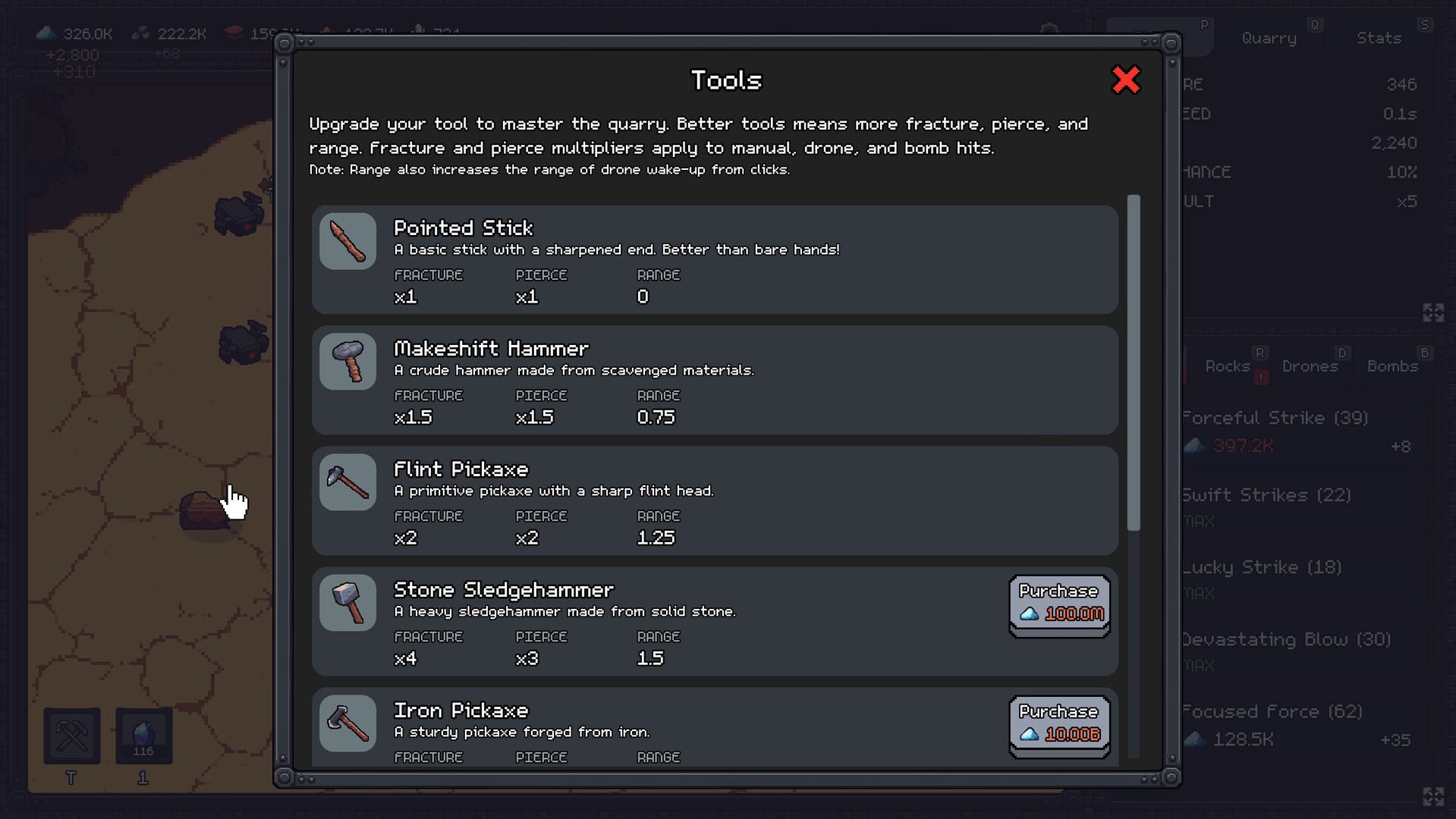 The tools menu, from Pointed Stick to Iron Pickaxe