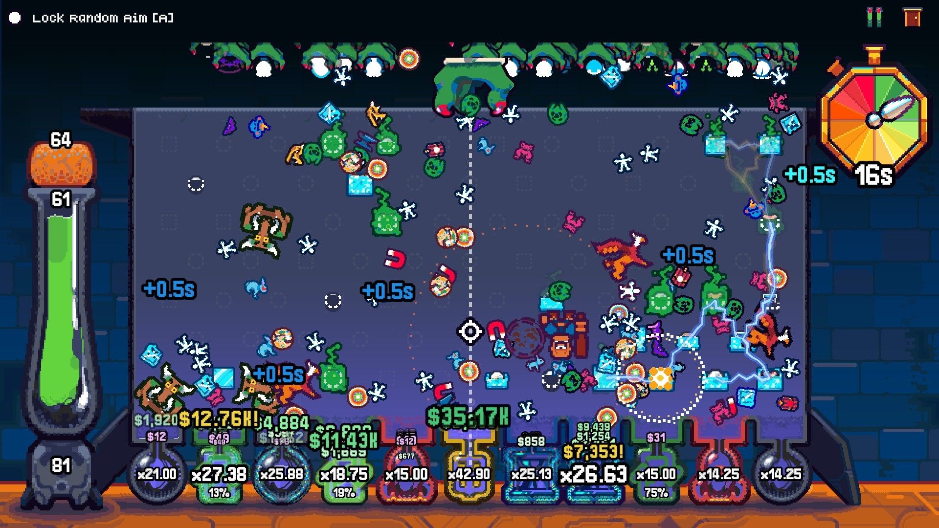 Creatures pouring through the pegs into multiplier cauldrons