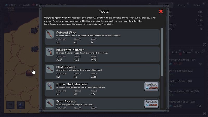 The tools menu, from Pointed Stick to Iron Pickaxe